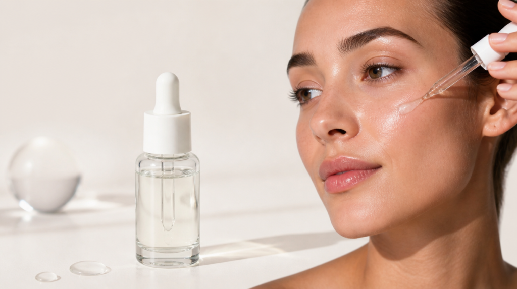 Sérum facial con niacinamida utilizado en una rutina de cuidado de la piel