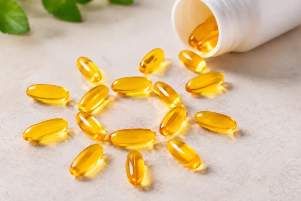 Pastillas de vitamina D3 haciendo la forma de un sol